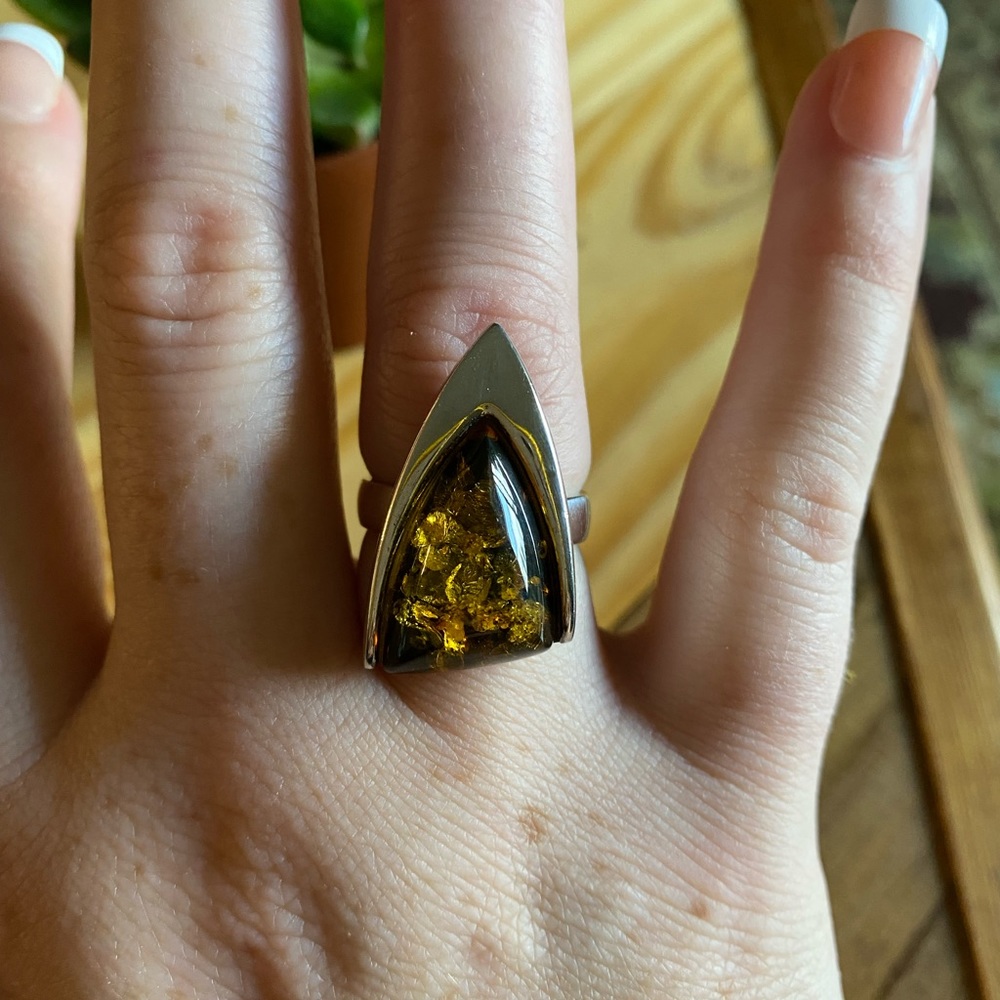 Green Amber sterling silver ring - Picture 3 of 12